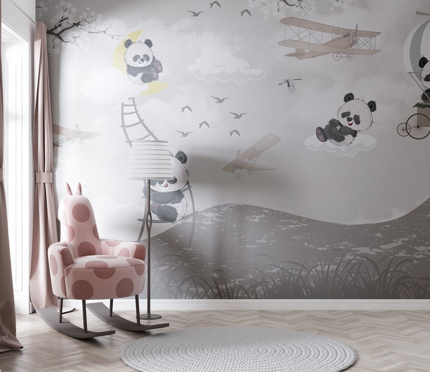 Fototapete mit verspielten, in der Luft schwebenden Pandas Bears in the Clouds für Kinderzimmer - Hauptproduktbild