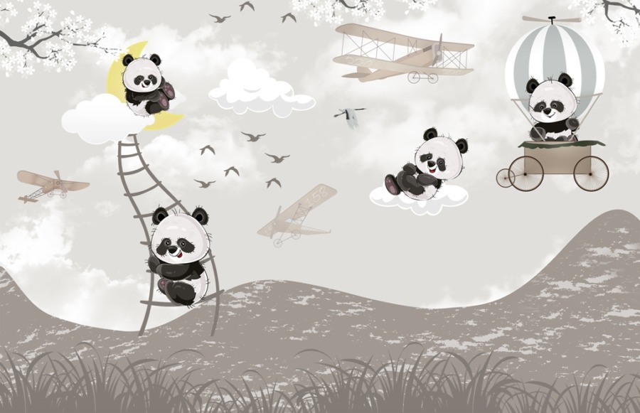 Fototapete mit glücklichen Pandas, die in der Luft schweben Bären in den Wolken für Kinderzimmer - Bild Nummer 2