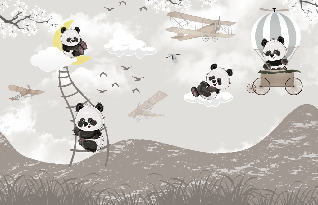 Wandmalerei Bären in den Wolken 1898713870 Fototapete mit glücklichen Pandas, die in der Luft schweben Bären in den Wolken für Kinderzimmer - Bild Nummer 2