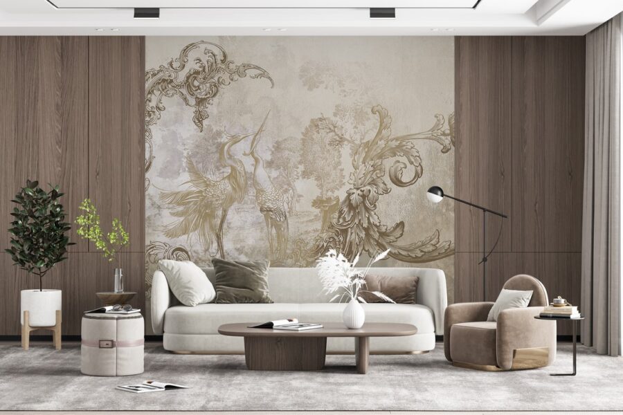 Wandbild mit Vögeln in einem barocken Dekorationselement Pflanzenmotiv - Hauptproduktbild