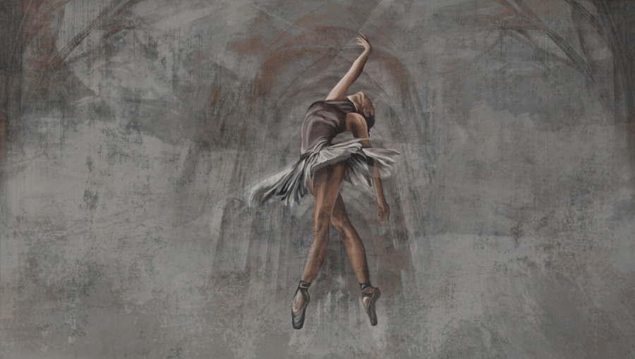 Fototapete mit einem tanzenden mädchen vor einem grauen hintergrund eines großen gebäudes Drehende ballerina für wohnzimmer - bild nummer 2