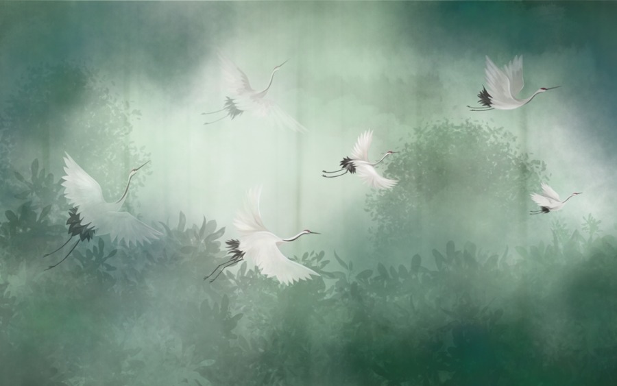 Fototapete mit japanischen Vögeln auf dunkelgrünem Hintergrund Abfliegende Kraniche im Nebel - Bild Nummer 2