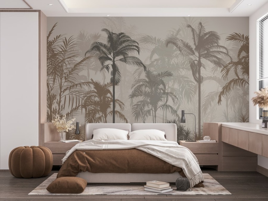 Fototapete mit hohen tropischen Bäumen Palmen im Nebel 3D - Hauptproduktbild