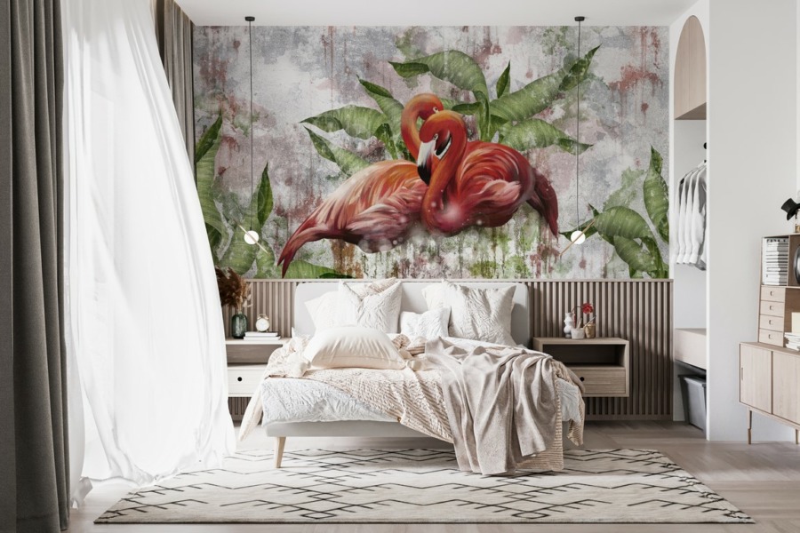 Fototapete mit exotischen Vögeln in einer Umarmung verschlungen Paar rote Flamingos für das Schlafzimmer - Hauptproduktbild