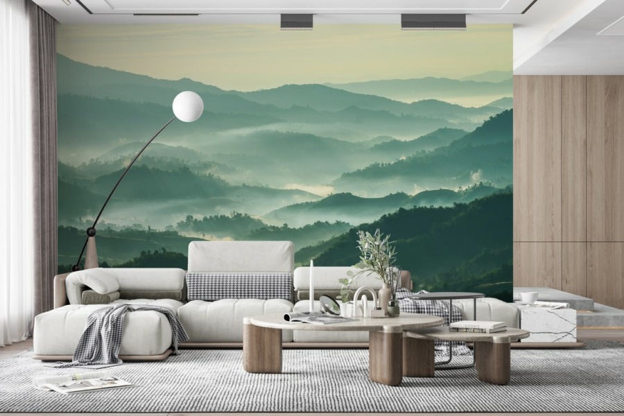 Fototapete in gedeckten Farben Mountain Range in Fog - Hauptproduktbild