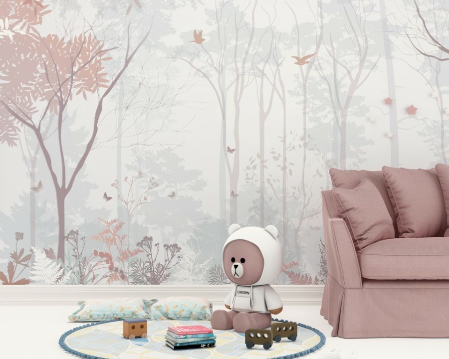 Tapete mit Wald in hellen und Pastellfarben Rosa Wald für Kinderzimmer - Hauptproduktbild