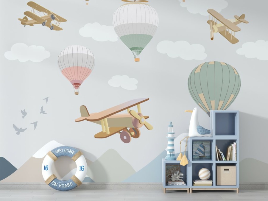 Pastellfarbene Fototapete Airplanes and Balloons For Baby - Hauptproduktbild