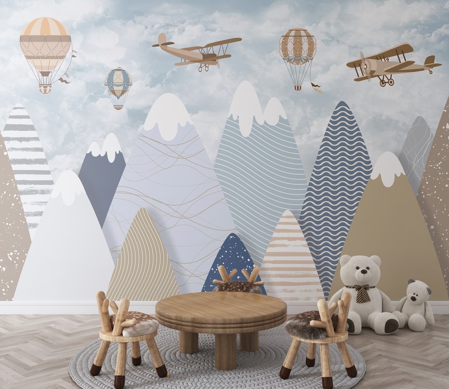 Fototapete in sanften Farben Flugzeuge und Luftballons über Bergen für Baby - Hauptproduktbild