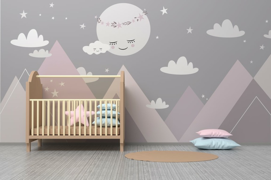 Fototapete in warmen Farben Schlafender Mond in den Bergen für Kinder - Hauptproduktbild