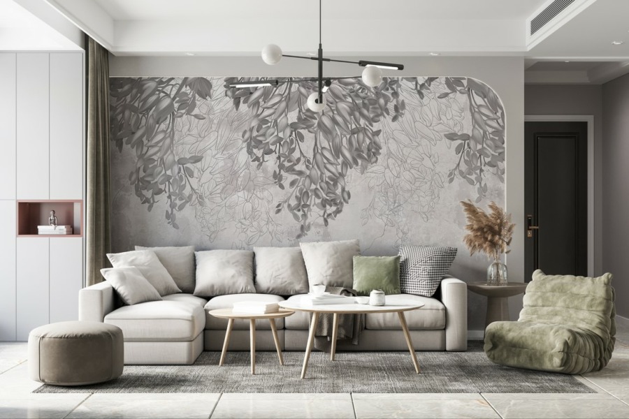Fototapete mit Pflanzenmotiv auf gerissener Wand in gedeckten Farben Grauer Efeu - Hauptproduktbild