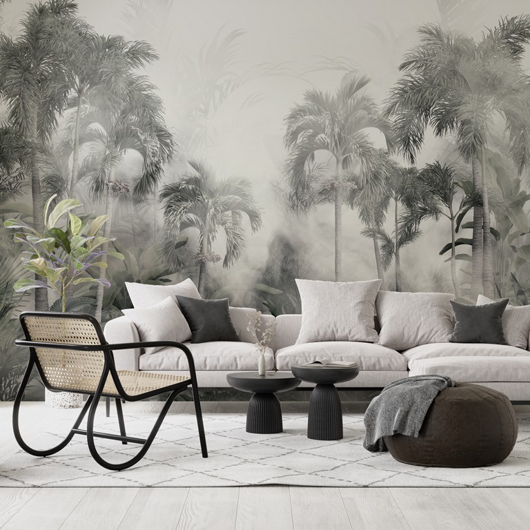 Wandbild mit dichter Vegetation in Grau und Weiß Tropics in White Mist - Hauptproduktbild
