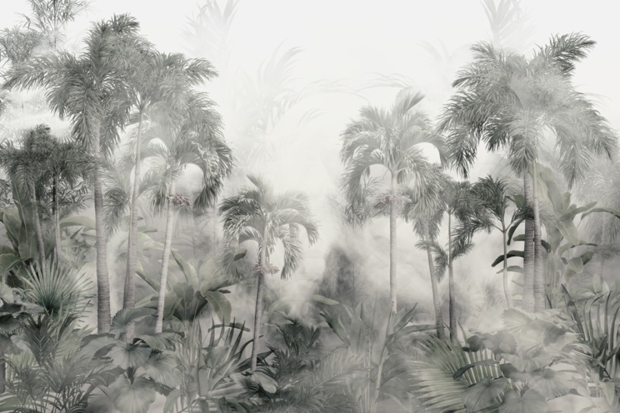 Wandmalerei mit dichter Vegetation in Grau und Weiß Tropics in White Mist - Bild Nummer 2