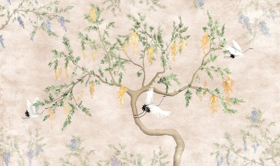 Fototapete mit asiatischem Motiv Drei abfliegende Kraniche und ein Baum - Bild Nummer 2