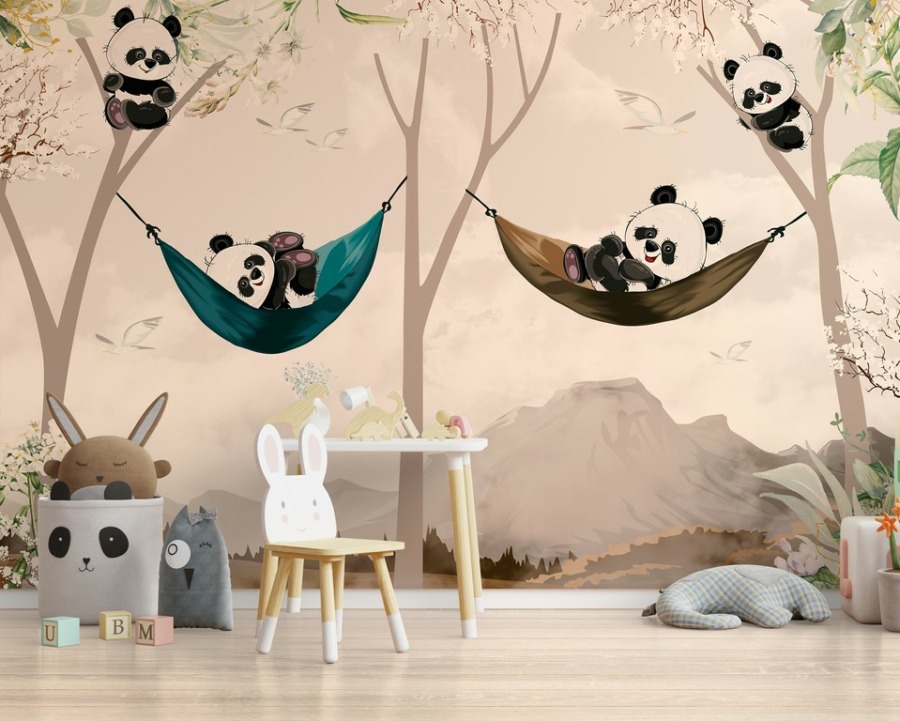 Fototapete in warmen Sonnenuntergangsfarben Merry Panda Bears für Kinderzimmer - Hauptproduktbild