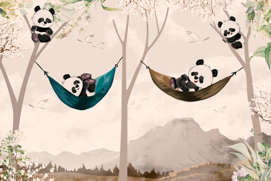 Fototapete in warmen Sonnenuntergangsfarben Merry Panda Bears für Kinderzimmer - Bild Nummer 2