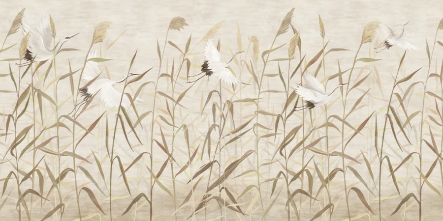 Fototapete mit japanischem Motiv in gedeckten Farben Kraniche zwischen den Gräsern - Bild Nummer 2