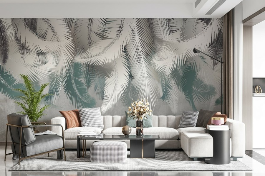 Fototapete mit zartem Blumenmotiv in Weiß- und Blautönen Weiße Farnblätter für das Wohnzimmer - Hauptproduktbild