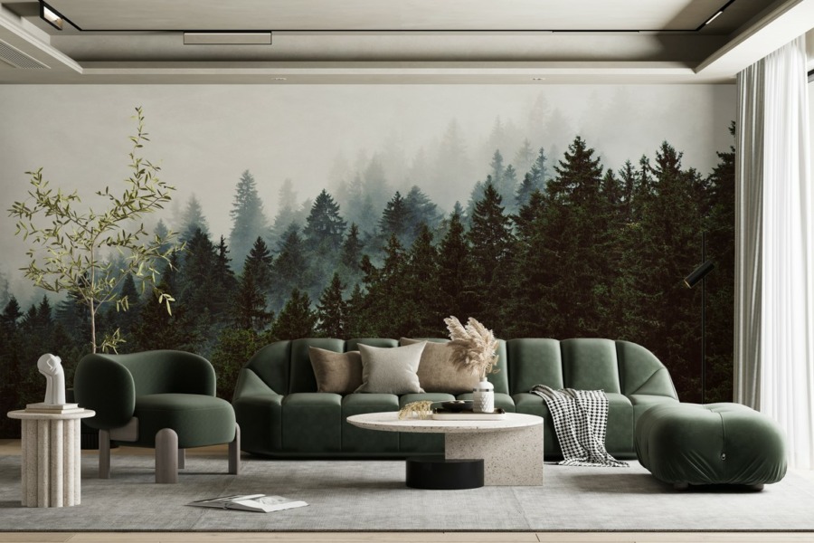 Wandbild in Dunkelgrün und dichtem Weiß Dark Forest in Mist - Hauptproduktbild