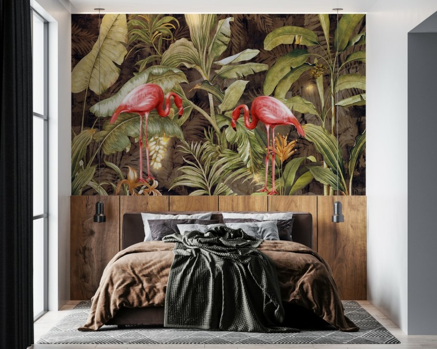 Fototapete in kräftigen exotischen Farben Rote Vögel in Grün für das Schlafzimmer - Hauptproduktbild