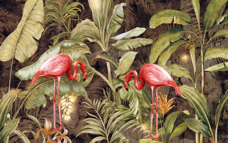 Fototapete in kräftigen exotischen Farben Rote Vögel in Grün für das Schlafzimmer - Bild Nummer 2