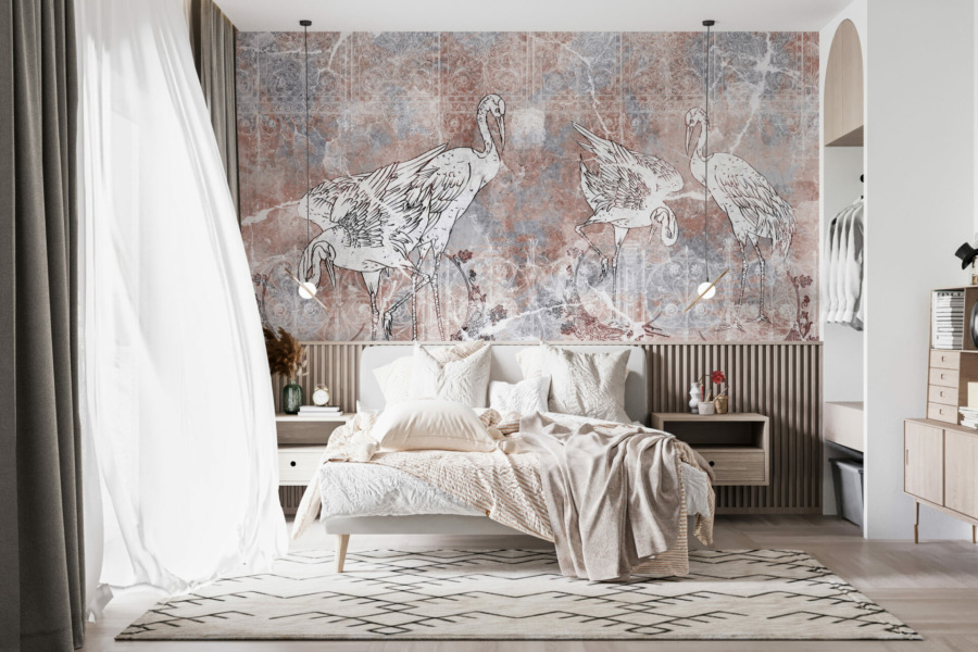 Fototapete mit exotischem Motiv auf heterogenem Hintergrund Vier weiße Vögel für Schlafzimmer - Hauptproduktbild
