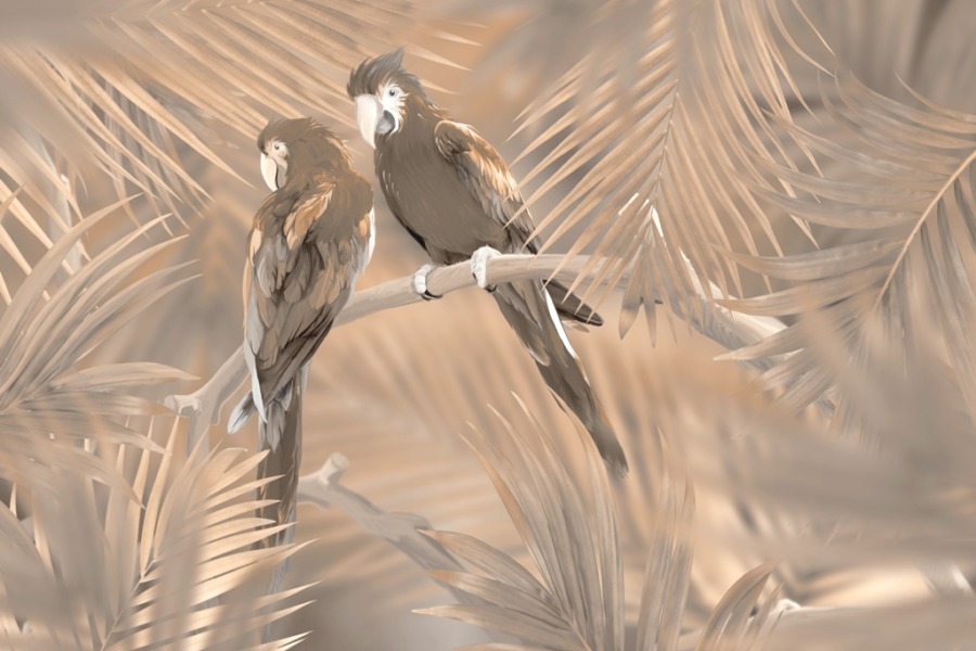 Fototapete mit exotischem Motiv in warmen Farben Zwei Papageien auf einem Ast - Bild Nummer 2
