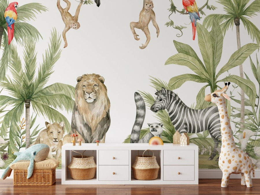 Tropischer Dschungel Wandbild in sanften Farben Bunte wilde Tiere - Hauptproduktbild