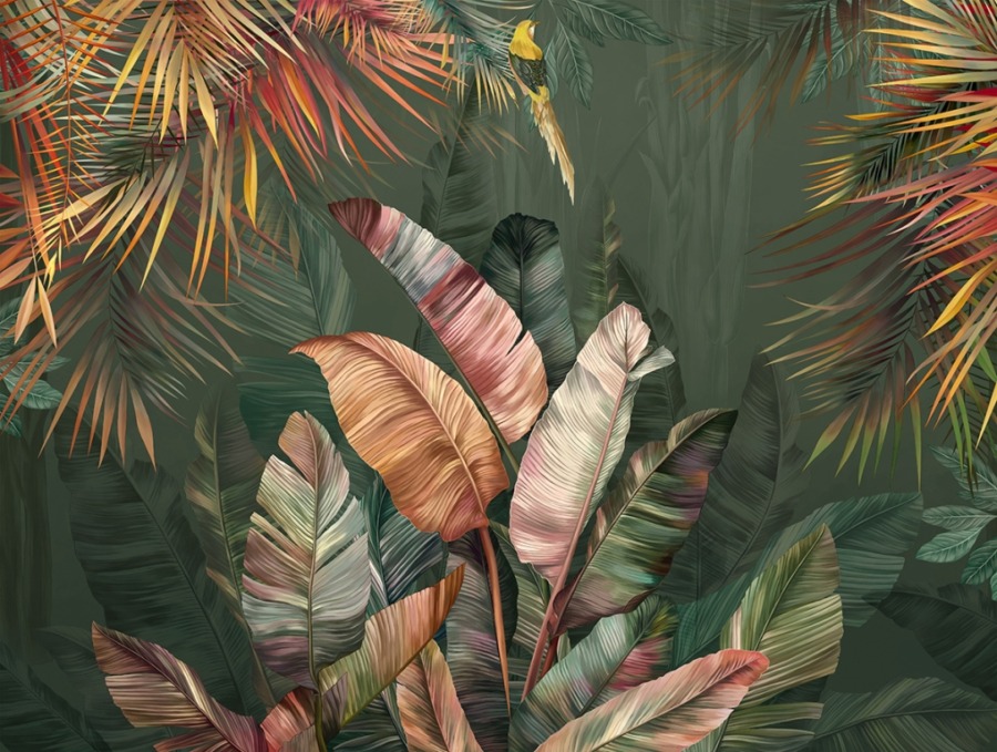 Lebendige Fototapete mit Blumenmotiven in bunten tropischen Blättern - Bild Nummer 2