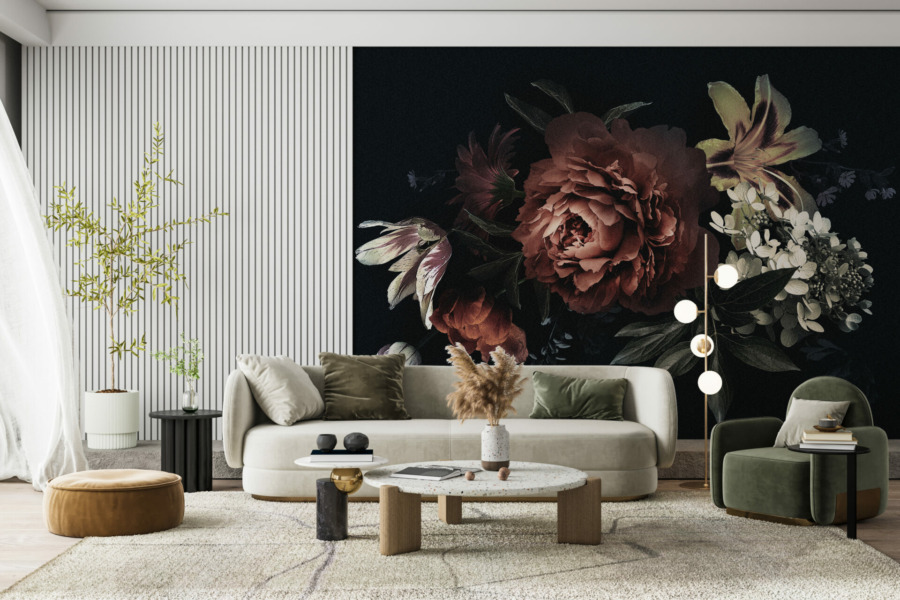 Floral Wandbild auf schwarzem Hintergrund Blumen auf dunklem Hintergrund für Wohnzimmer - Hauptproduktbild