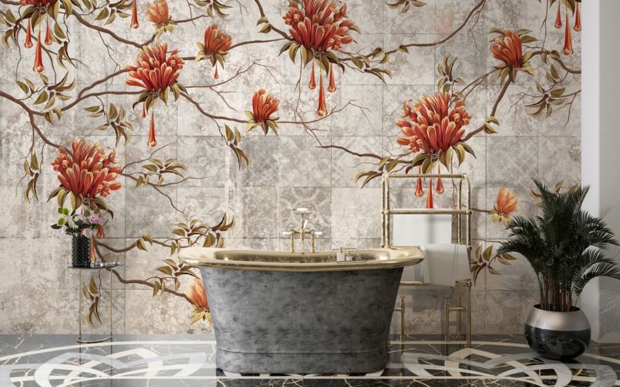 Fototapete mit roten Blumen in grau Blühender Baum auf Fliesen für Badezimmer - Hauptproduktbild