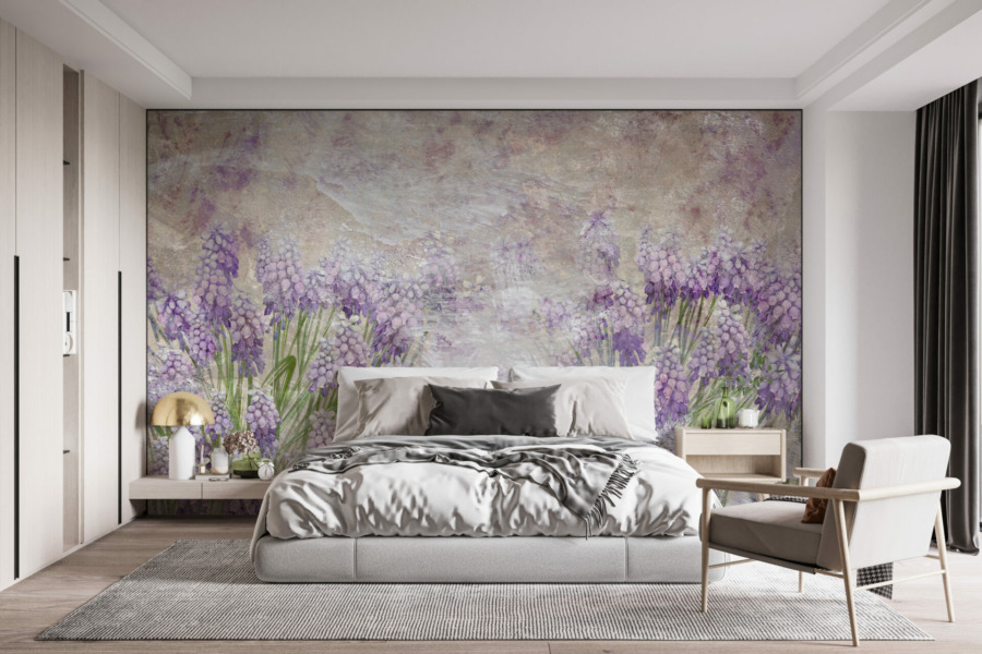 Wandbild in uneinheitlichen Farben mit überwiegend violettem Farbton Wiese mit violetten Blumen - Hauptproduktbild