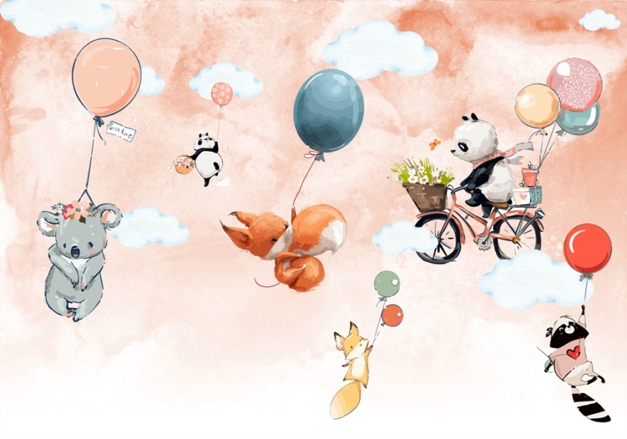 Fototapete in sanften Farben Fliegende Füchse und Teddybären für Kinder - Bild Nummer 2