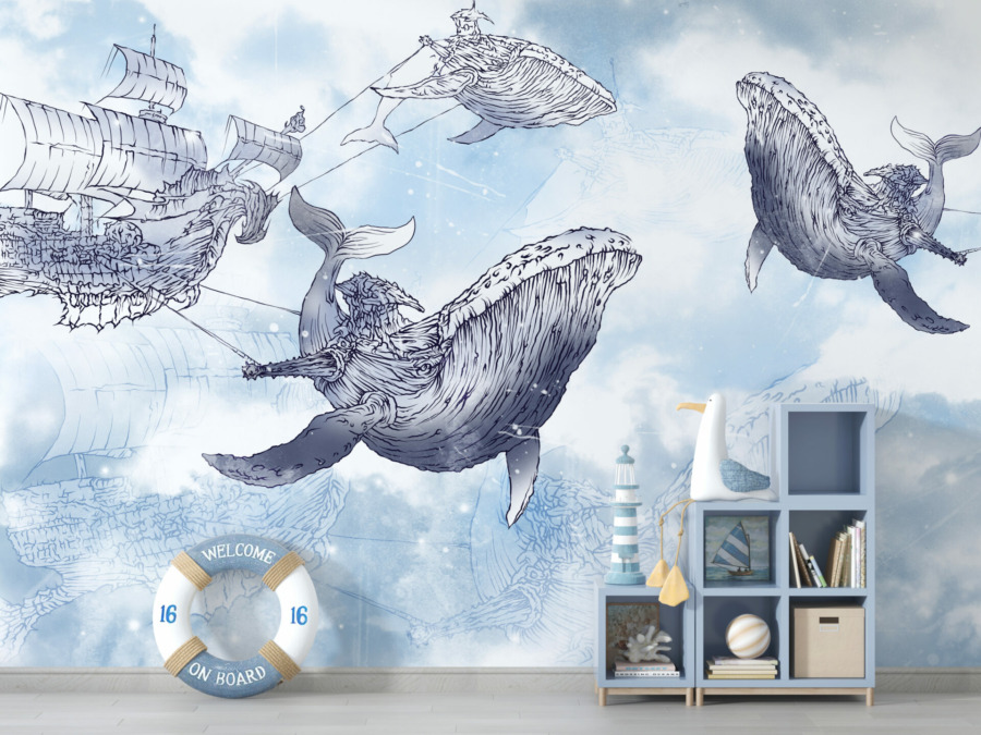 Fototapete mit Märchenmotiv Fliegende Wale in Blautönen - Hauptproduktbild