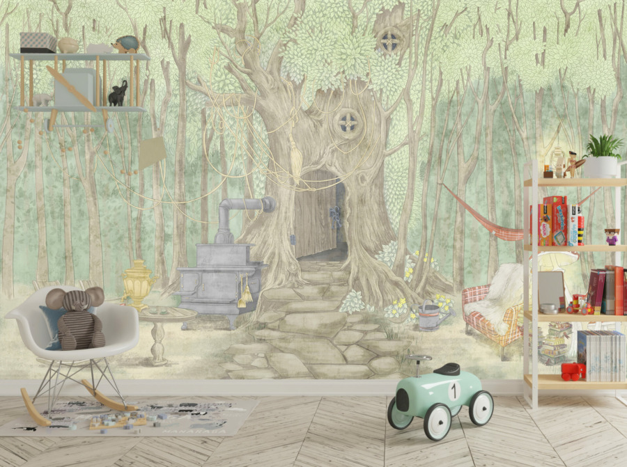Fototapete mit Märchenwaldmotiv in sanften Farben Forest Cottage für Kinder - Hauptproduktbild