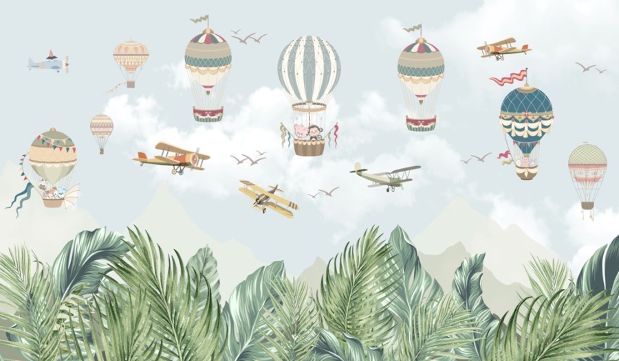 Fototapete in leuchtenden Farben mit dem Motiv von Luftballons und Flugzeugen über einem Dschungel Flight Over Green Exotics für Kinderzimmer - Bild Nummer 2