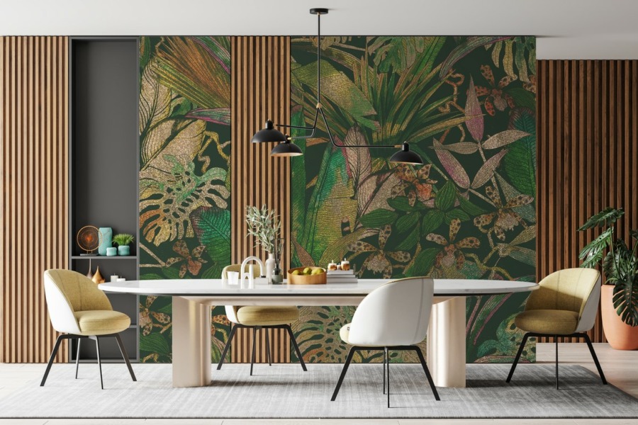 Fototapete in Schattierungen von rosa und grün Mosaik von exotischen Blättern für Wohnzimmer - Hauptproduktbild