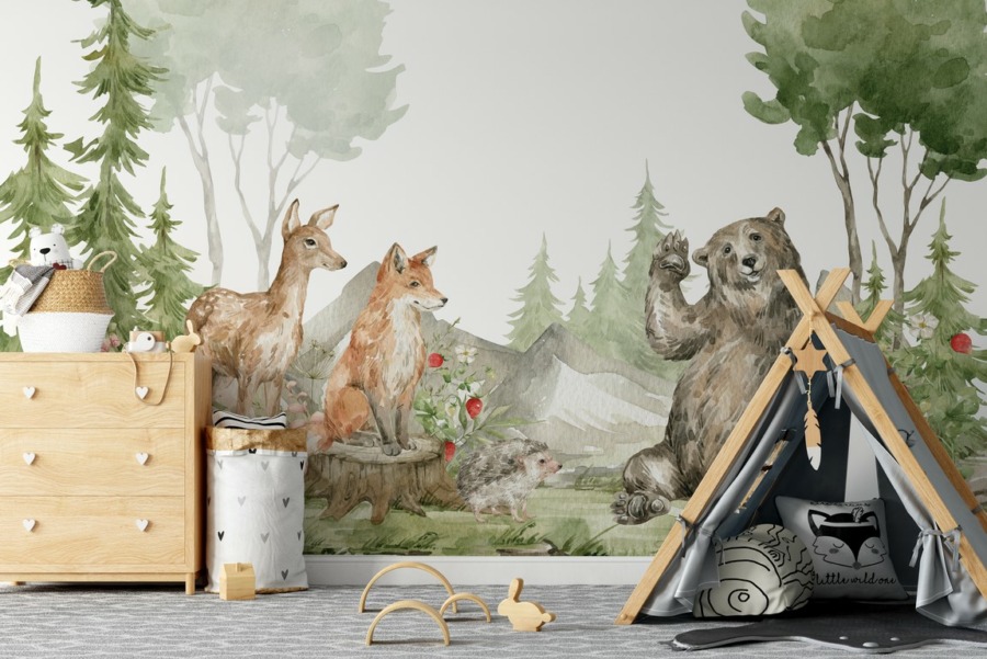 Wandbild mit Waldtieren in sanften Farben Teddybär-Grüße für Kinder - Hauptproduktbild