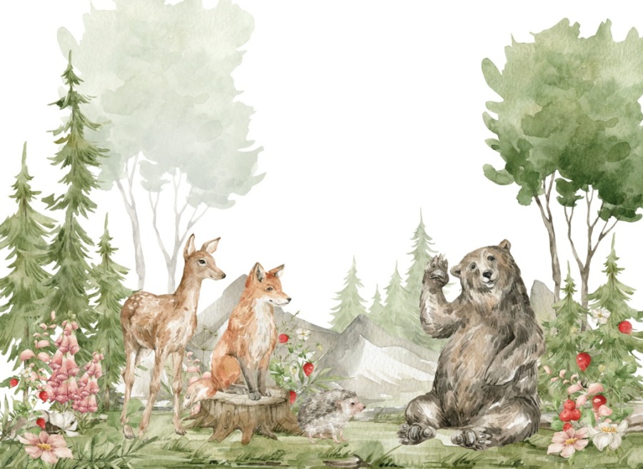 Fototapeta z leśnymi zwierzętami w delikatnych kolorach Pozdrowienia Misia dla dzieci - zdjęcie numer 2