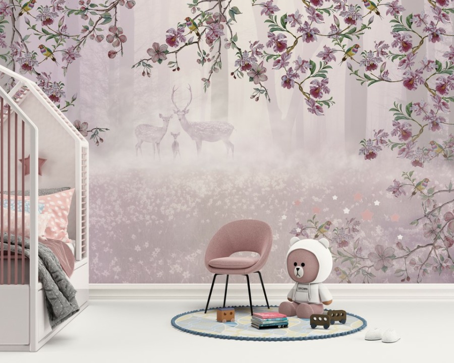 Fototapete in sanften Farben mit Frühlingsblumen Hirschfamilie in Lila - Hauptproduktbild