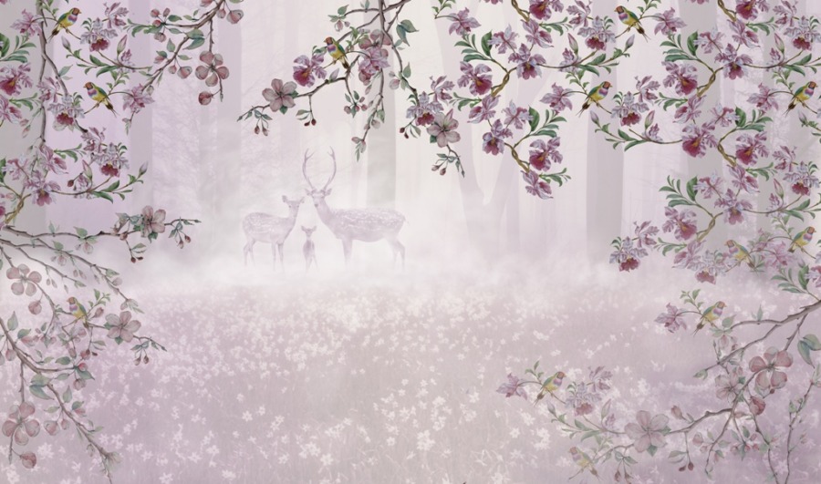 Fototapete in sanften Farben mit Frühlingsblumen Hirschfamilie in Lila - Bild Nummer 2
