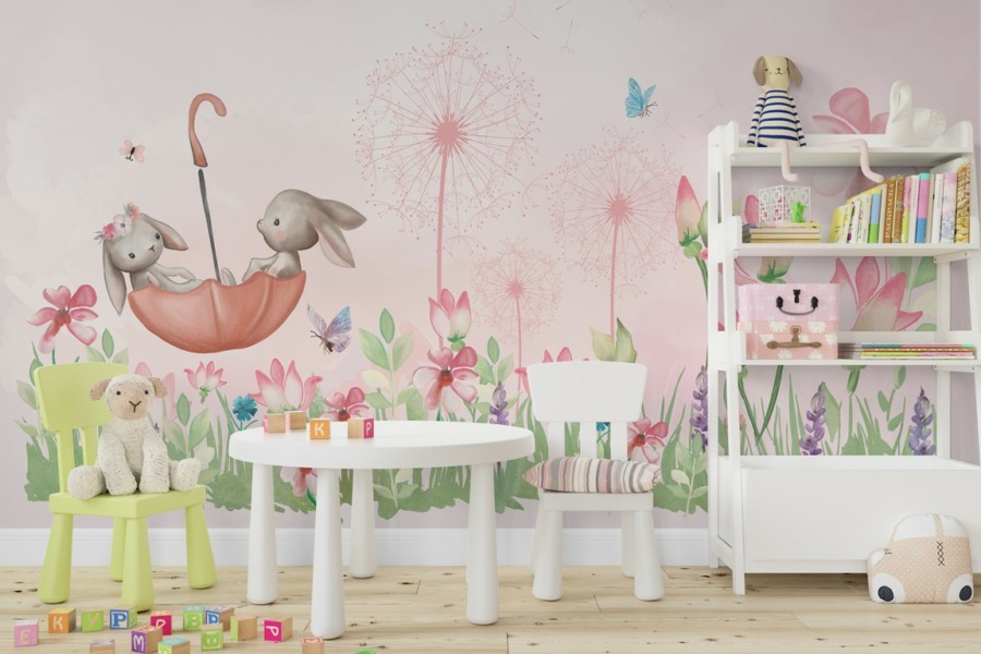 Fototapete mit Blumen und glücklichen Häschen Pink Meadow für Kinder - Hauptproduktbild