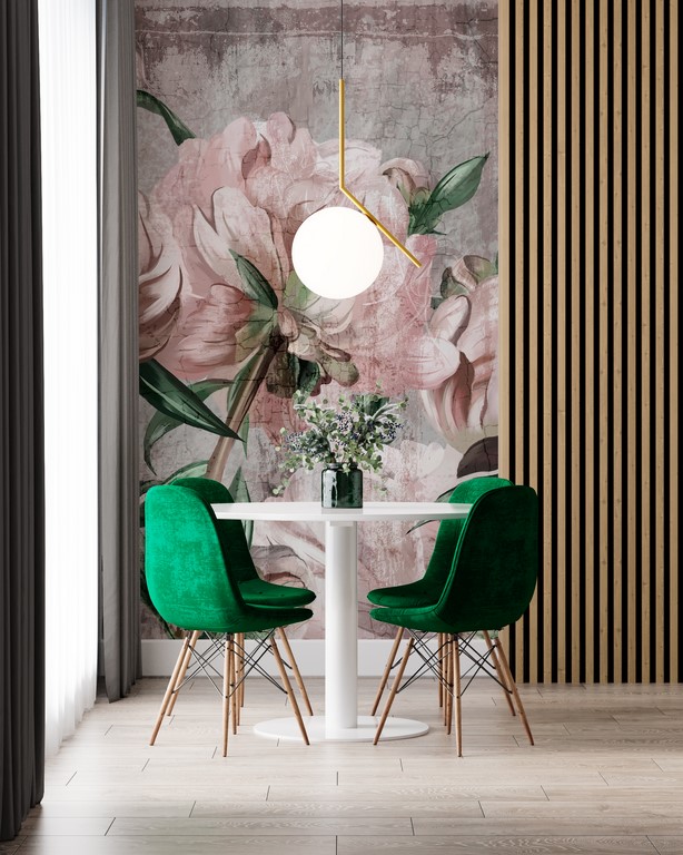 Fototapete mit floralem Motiv in zarten Farben Wand aus rosa Pfingstrosen - Hauptproduktbild