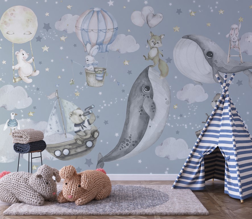 Illustration Fototapete in Blautönen Whales in the Clouds für Kinder - Hauptproduktbild