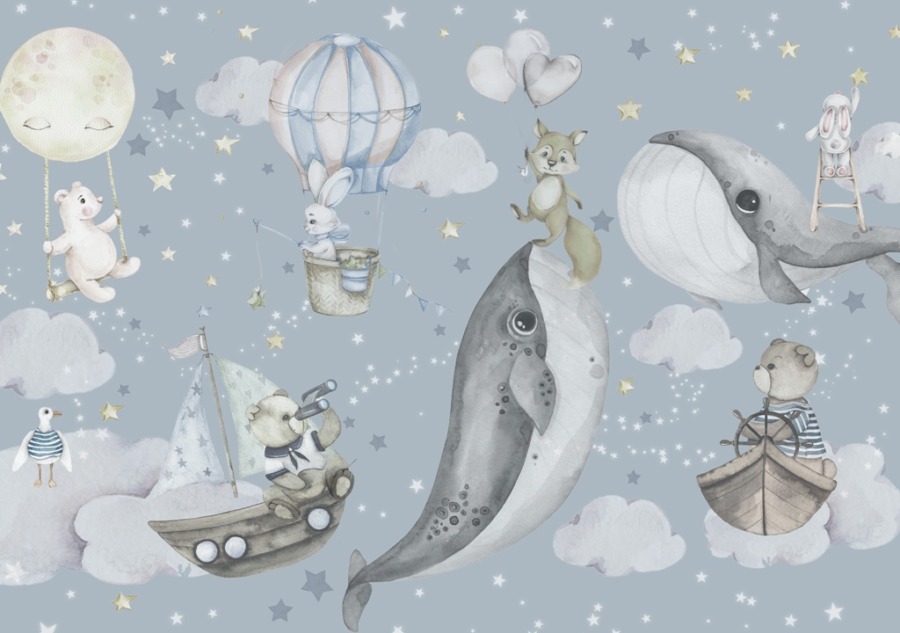 Fototapete in Blautönen Whales in the Clouds für Kinder - Bild Nummer 2