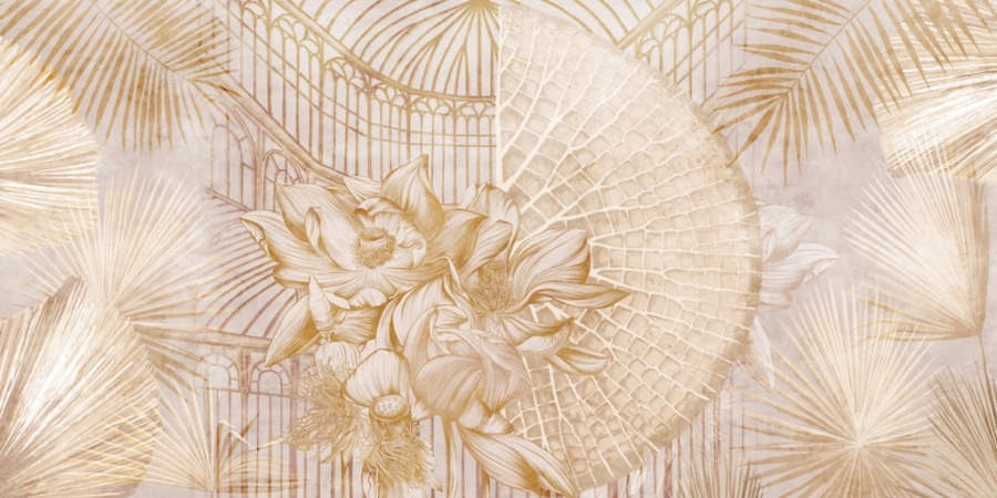 Wandbild mit Blumenmotiv auf dem Hintergrund des Fächers und des Gewölbes der Kathedrale Seerosen und Palmblätter - Bild Nummer 2