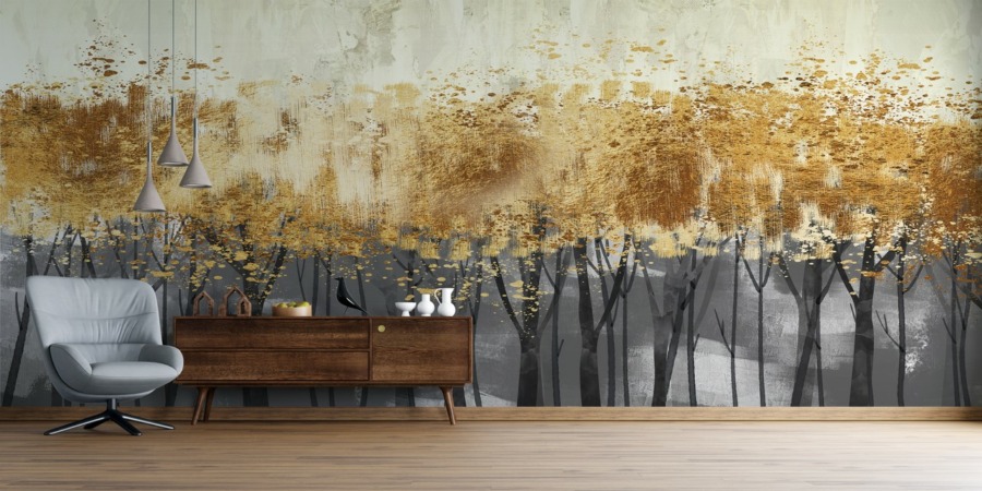 Fototapete mit einer Reihe von Herbstbäumen Goldene Baumkronen - Hauptproduktbild