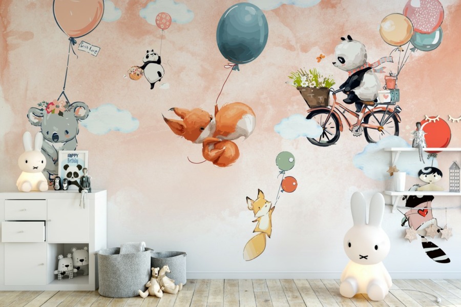 Fototapete in sanften Farben Fliegende Füchse und Teddybären für Kinder - Hauptproduktbild