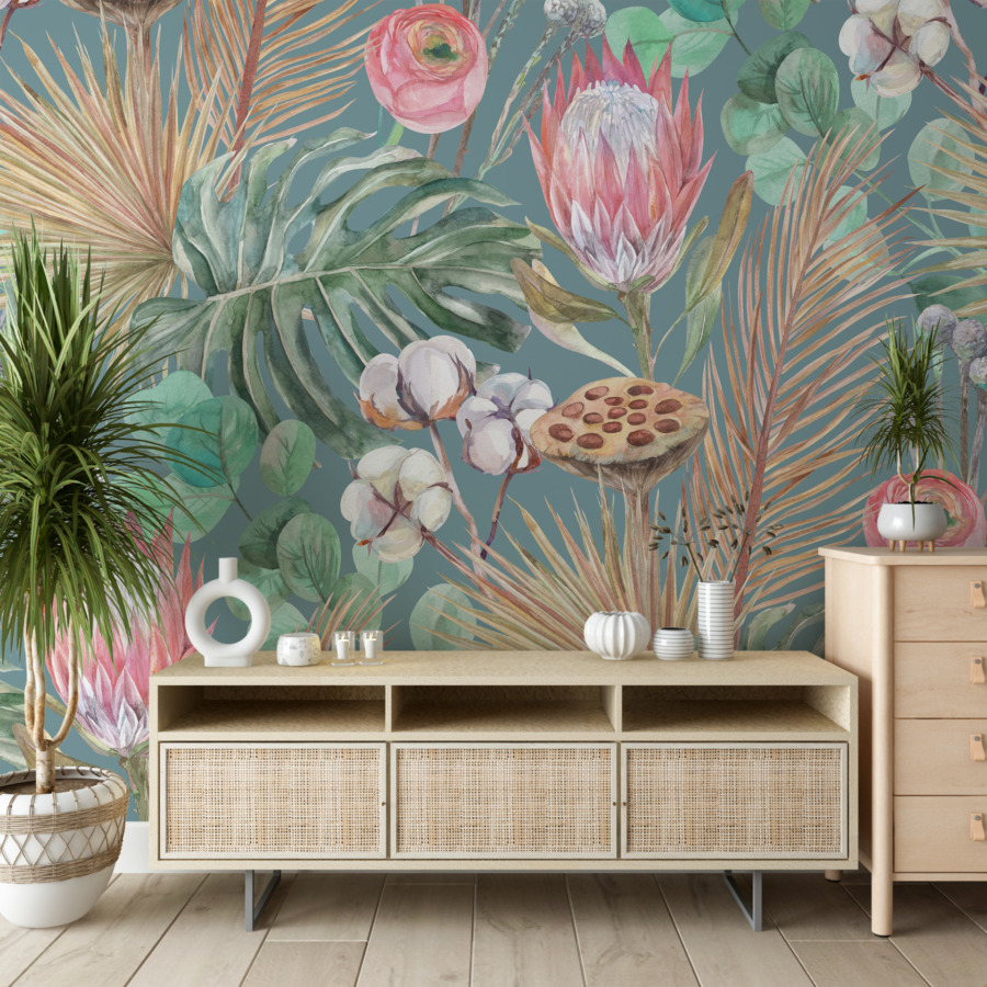 Fototapete mit bunten tropischen Blumen und Palmenblättern Colours of Exotic Plants - Hauptproduktbild