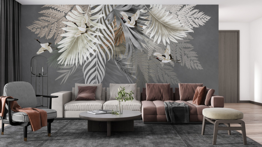 Fototapete mit japanischen Kranichen in weißen und grauen Palmenblättern Weiße Vögel in Palmenblättern - Hauptproduktbild
