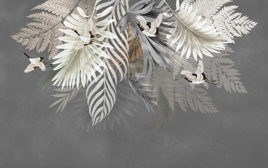 Fototapete mit japanischen Kranichen in weißen und grauen Palmenblättern Weiße Vögel in Palmenblättern - Bild Nummer 2